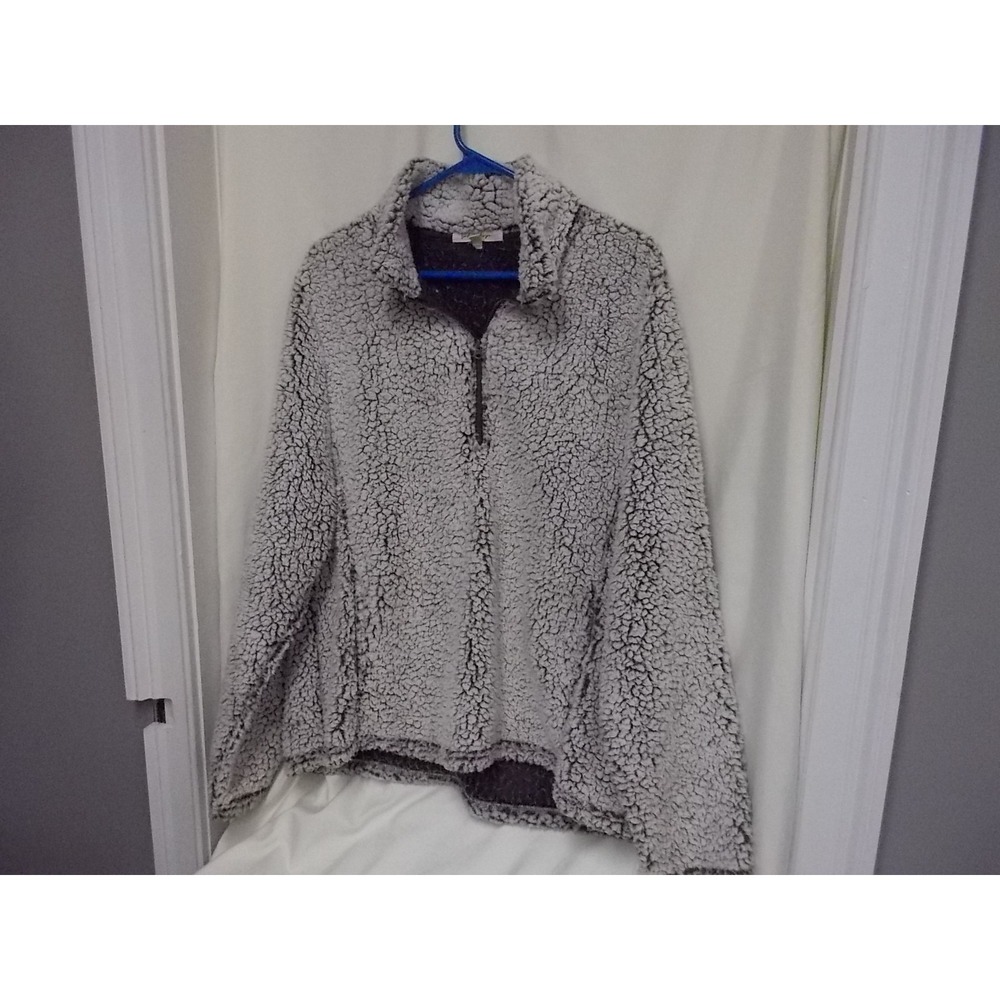 Linda Anderson Womens Grey White Sherpa Fleece Quarter Zip Pullover Sweater L - Picture 1 of 5
